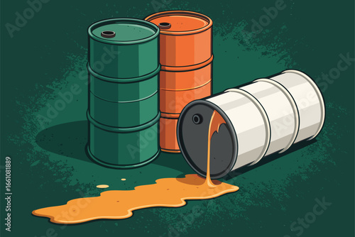 Oil drums leaking toxic liquid onto ground, environmental disaster, industrial pollution, hazardous waste, contaminated soil, ecological damage, toxic sludge, chemical spill.