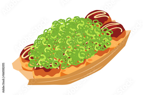 斜め上から見たネギ沢山かけたたこ焼きのイラスト　舟皿