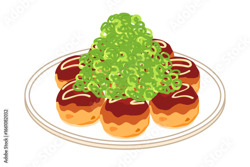 皿に盛ったネギを沢山かけたたこ焼きのイラスト