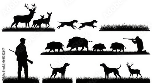 Hunting silhouettes featuring deer boar dogs and hunters in natural landscapes