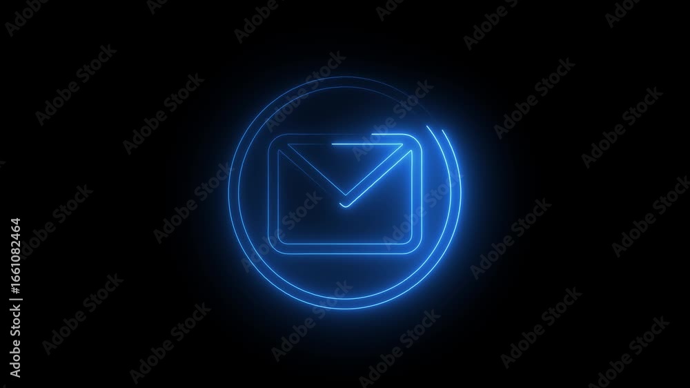 Glowing neon email or message icon animation in a circle. Neon blue message icon animated on black background. 4k