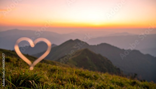 Heart-shaped silhouette against a mountain sunrise