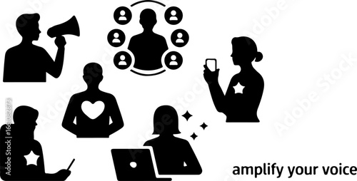 Black and white illustration depicting people communicating and amplifying their voice concept art