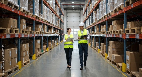 Two workers in high visibility vests discussing inventory in a large warehouse aisle