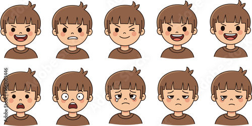 Cartoon faces with different expressions vector illustration showing happy, sad, winking emotions for emoji, avatar, education, design, and creative projects