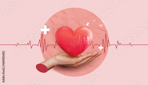 Heart health concept with hand holding red heart, heartbeat line, medical cross and family silhouette symbolizing love, protection, healthcare and wellness.