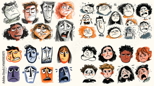 Expressive character face sketches showing a variety of emotions in artistic cartoon style. Perfect for animation concept art, illustration tutorials, or psychology-themed designs.