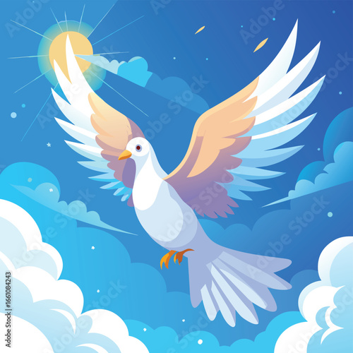 Elegant white dove in mid flight wings fully spread symbolizing peace freedom and purity in a clean vector design