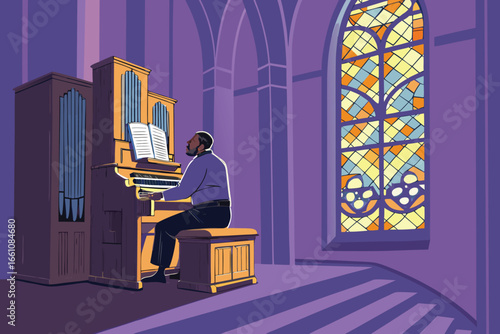 A solemn organist plays a majestic church pipe organ bathed in ethereal light filtering through vibrant stained glass windows.