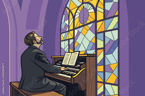 Elderly man plays majestic church organ, bathed in ethereal stained glass light.