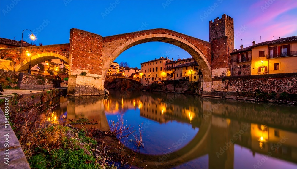 Obraz premium Ancient stone bridge over river at dusk
