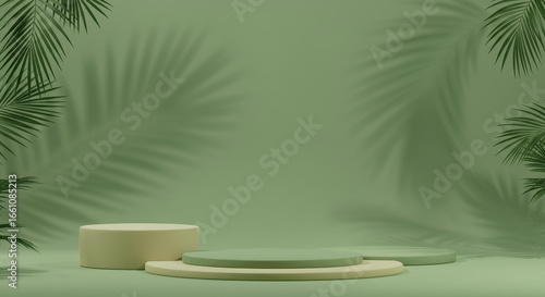 Wallpaper Mural Minimalist Display Pedestals with Tropical Leaf Shadows and Green Background Torontodigital.ca