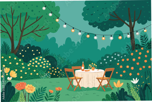 Flat lay of an enchanting outdoor garden party scene with glowing hanging lights, abundant greenery, festive decorations, and bokeh.