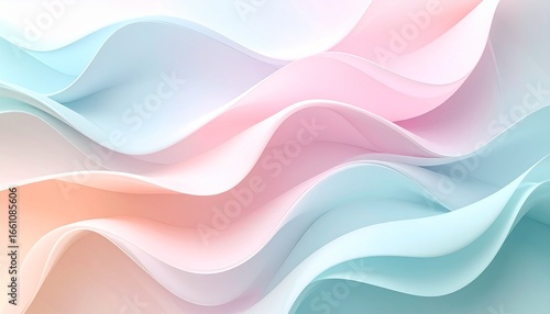 Abstract pastel wave composition in pink, peach, and blue with soft flowing curves and layered depth.