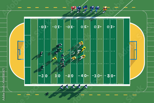 Overhead view of a vibrant, green football field with determined players in formation, ready for intense action.