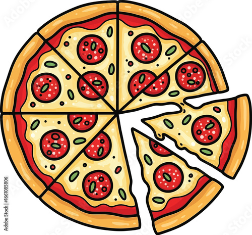 Pepperoni Pizza Cartoon with Single Slice Vector illustration