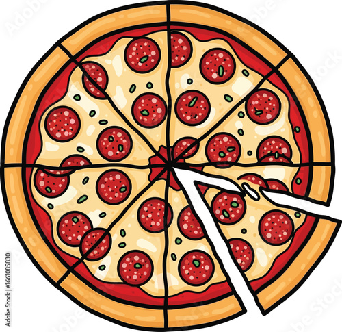 Pepperoni Pizza Cartoon with Single Slice Vector illustration