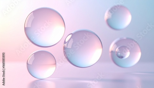 Translucent pastel bubbles floating on a soft gradient background with reflective surfaces in pink, blue, and purple.
