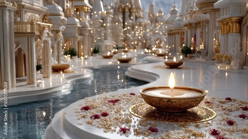 A Captivating Candlelit Display with Vibrant Flowers Symbolizing Victory of Good Over Evil During Diwali Festivities