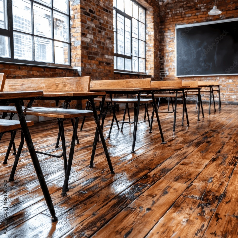 Naklejka premium Empty Classroom Desks in Rustic Loft Setting.