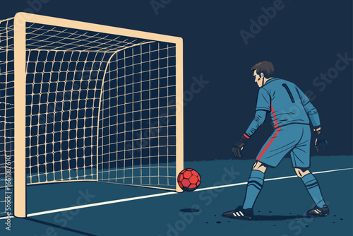 Dramatic penalty kick, goalkeeper intense focus, anticipation, football stadium, players, crowd, action shot, frozen moment.