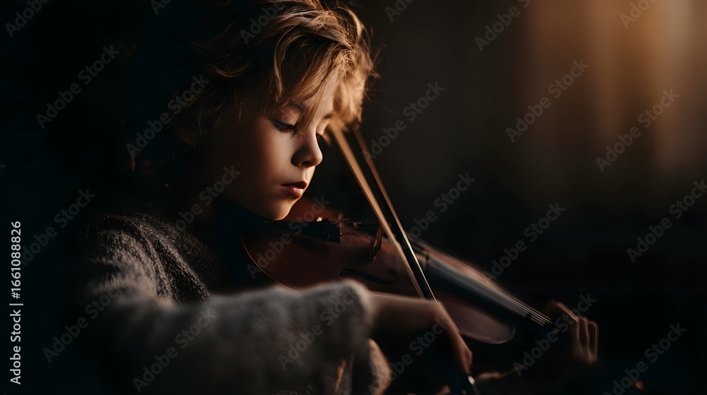 Fototapeta premium Child playing violin in warm evening light at home
