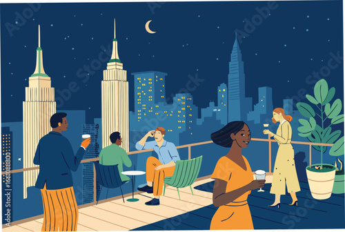 Vibrant rooftop cocktail party, sunset cityscape, stylish attendees mingling, enjoying drinks, city skyline, urban nightlife, sophisticated evening.
