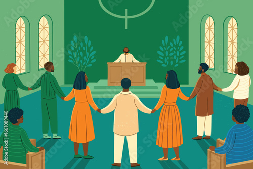 Diverse people hands clasped in prayer circle inside a sunlit church sanctuary, spiritual connection, faith, unity, worship, community.