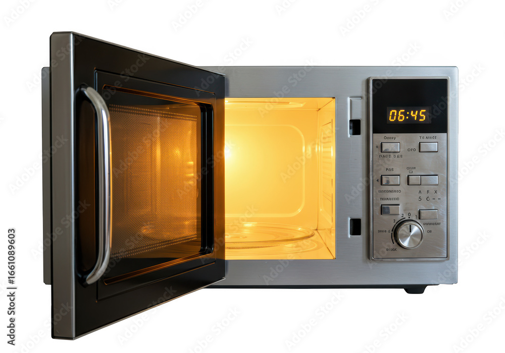 Fototapeta premium Open microwave oven with light on inside, isolated on transparent background