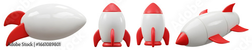 3D Cartoon Rocket Views on Transparent Background in Front Side and Three Quarter Angles Simple White and Red Colors