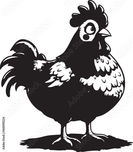 Simple and Cute Hen Chicken Standing in Black and White Vector Illustration
