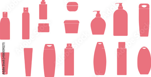 Cosmetic packaging vector, red bottle illustration, skincare product design, personal care container art, lotion packaging vector, beauty product graphic, cosmetic bottle set, hygiene accessory illust