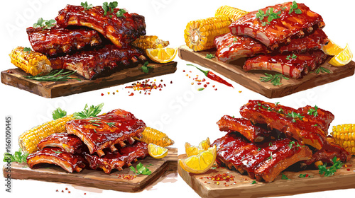 Watercolor painting of juicy barbecue pork ribs served with corn, lemon, and parsley on wooden boards. Great for grill restaurant branding, BBQ party posters, or food menu designs.