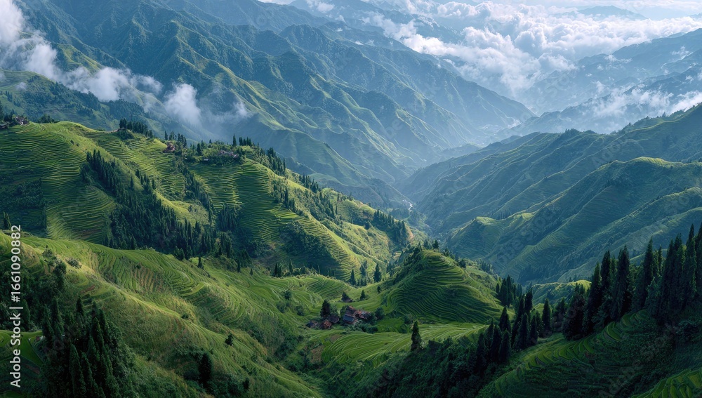 Fototapeta premium Lush terraced hillsides, valleys, and mountains