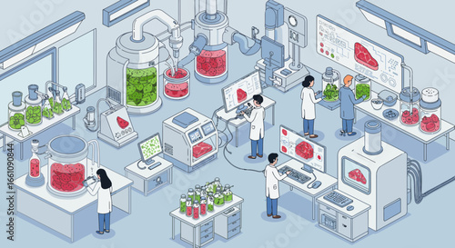 Scientific Food Innovation Lab with Researchers and Cultured Meat Equipment