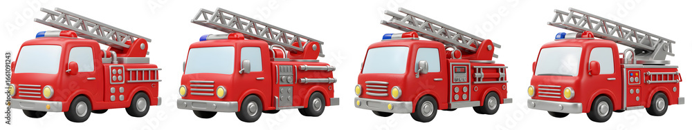 Fototapeta premium Cartoonish Red Fire Trucks with Silver Ladders on Transparent Background