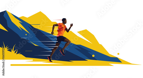 Runner on Mountain Trail Path in Modern Colorful Vector Illustration
