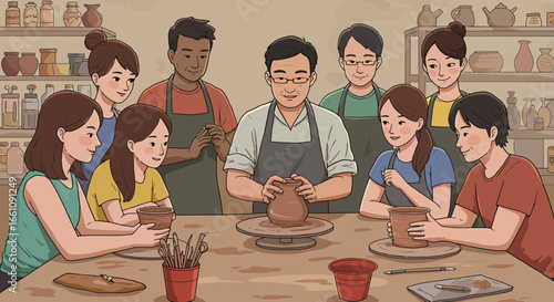 Group of People Learning Pottery in Workshop Vector Illustration