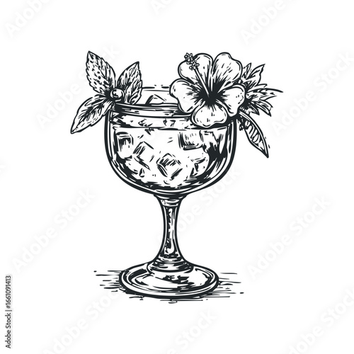 Hand Drawn Tropical Beverage with Hibiscus Flower and Mint Garnish