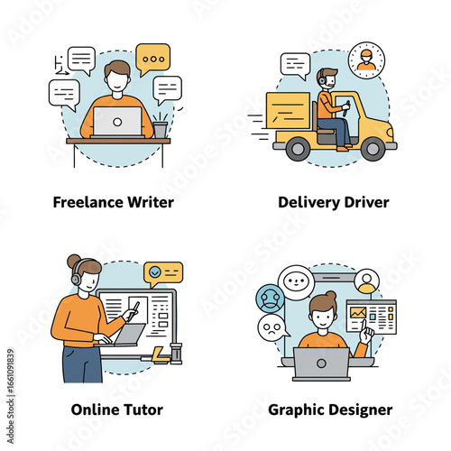 Gig Economy Freelancer Line Art Icon Set