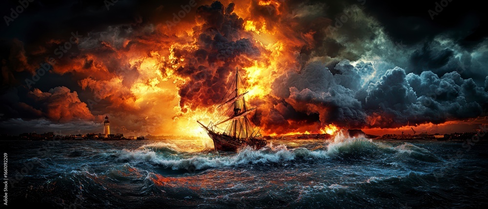 Fototapeta premium Sailing Through the Inferno A Dramatic Seascape