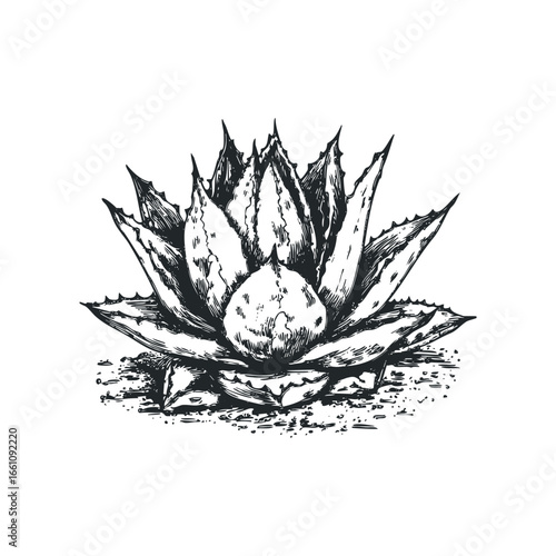 Black and white sketch of a spiky succulent plant on a white background