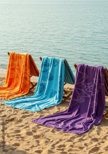 Colorful Beach Towels on Wooden Chairs