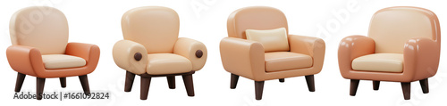 Four 3D Rendered Armchairs in Varying Styles with a Transparent Background in Shades of Orange Beige and Dark Brown Wooden Legs