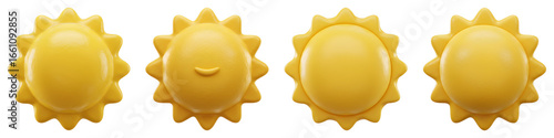 Four 3d Rendered Yellow Sun Icons with Smiling Face on Transparent Background
