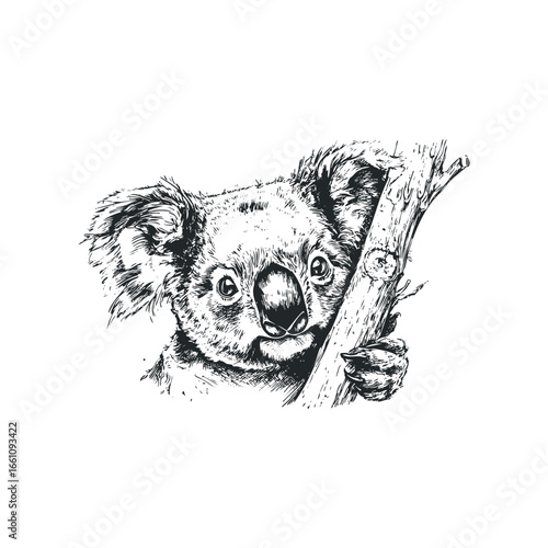 Pen and ink sketch of a koala bear clinging to a tree branch