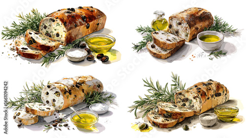 Rustic watercolor illustration of sliced olive bread with herbs, olive oil, and sea salt. Perfect for bakery packaging, Mediterranean cuisine branding, or artisan food designs.
