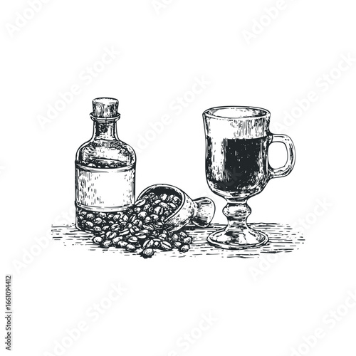 Hand drawn sketch of coffee beans in a scoop with a glass mug and bottle