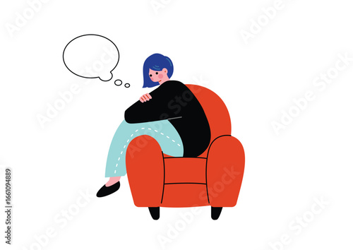 ソファーに座って考え事をする女性