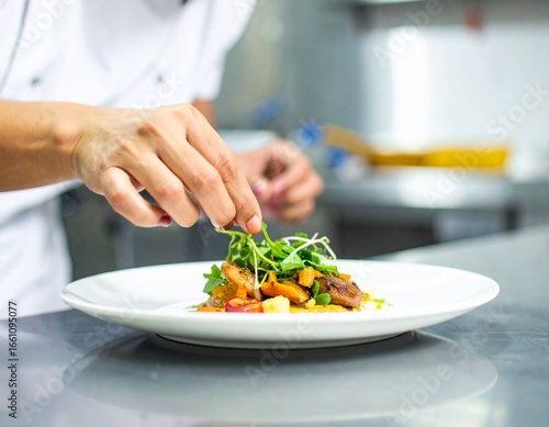 Wallpaper Mural Close-up of chef plating gourmet dish in kitchen Torontodigital.ca
